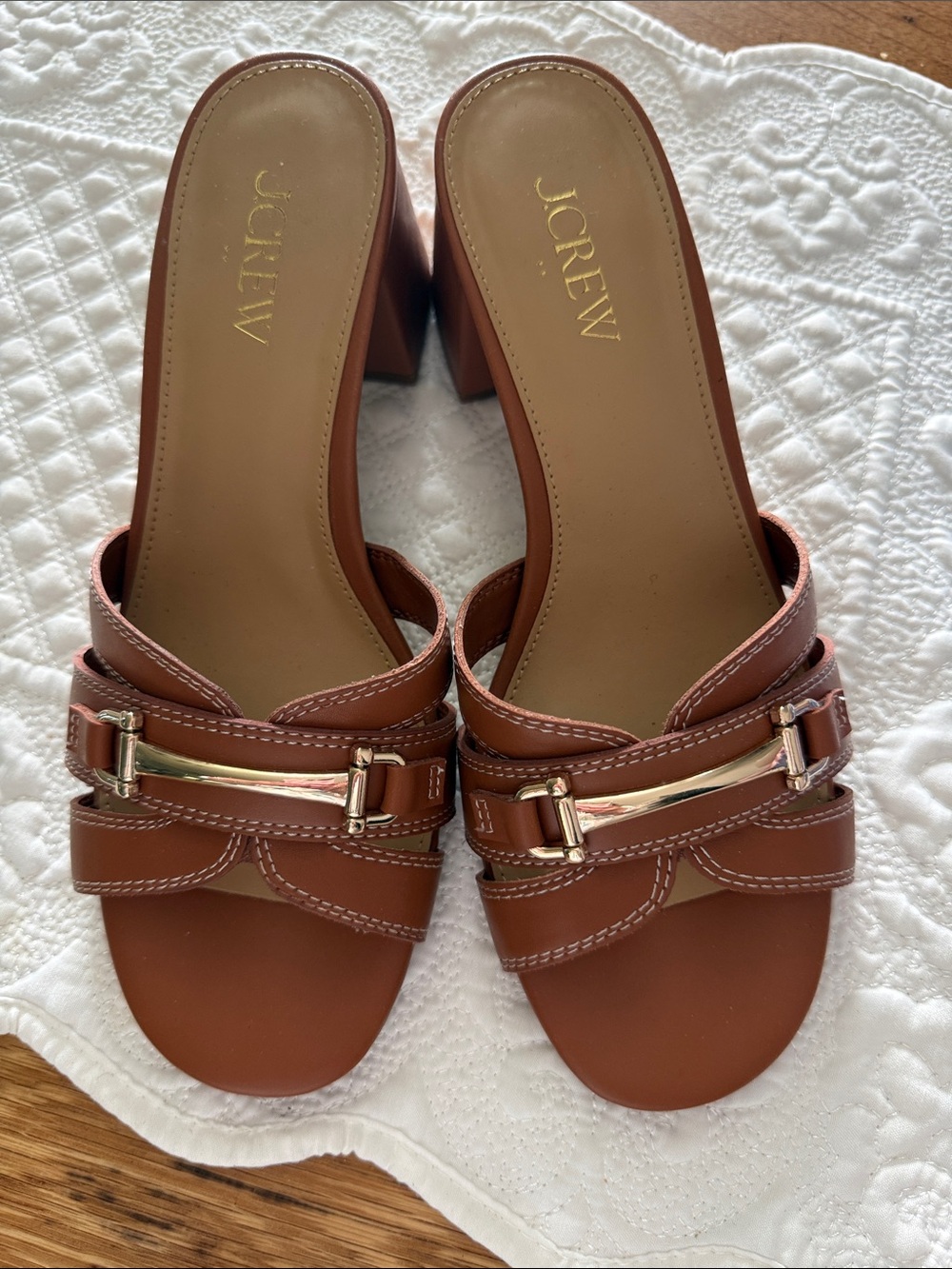 J. Crew Brown Leather Heeled Mule with Gold-Tone Accent